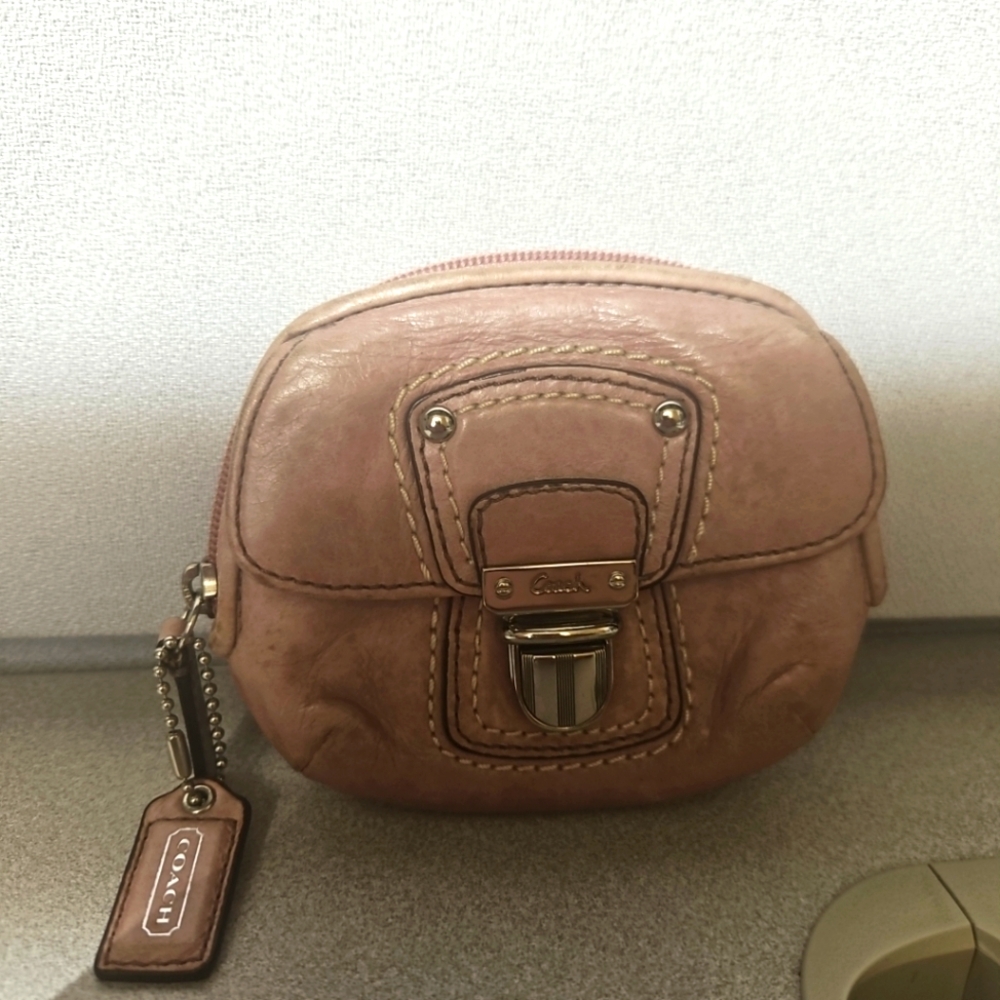 COACH Poppy Beige Leather Push Lock Zip Coin Pouch Wallet Authentic Rare Y2K EUC